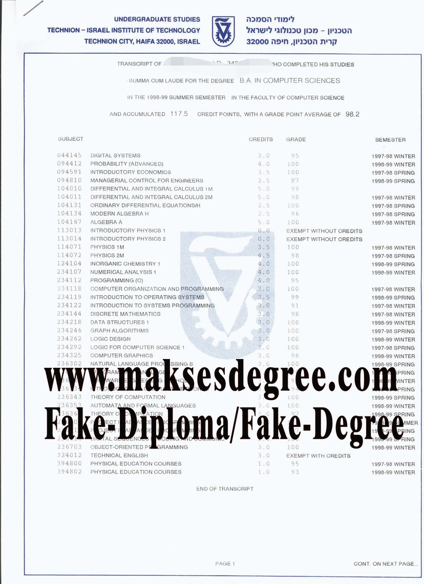 How much does to buy fake Technion Israel Institute of Technology Certificate