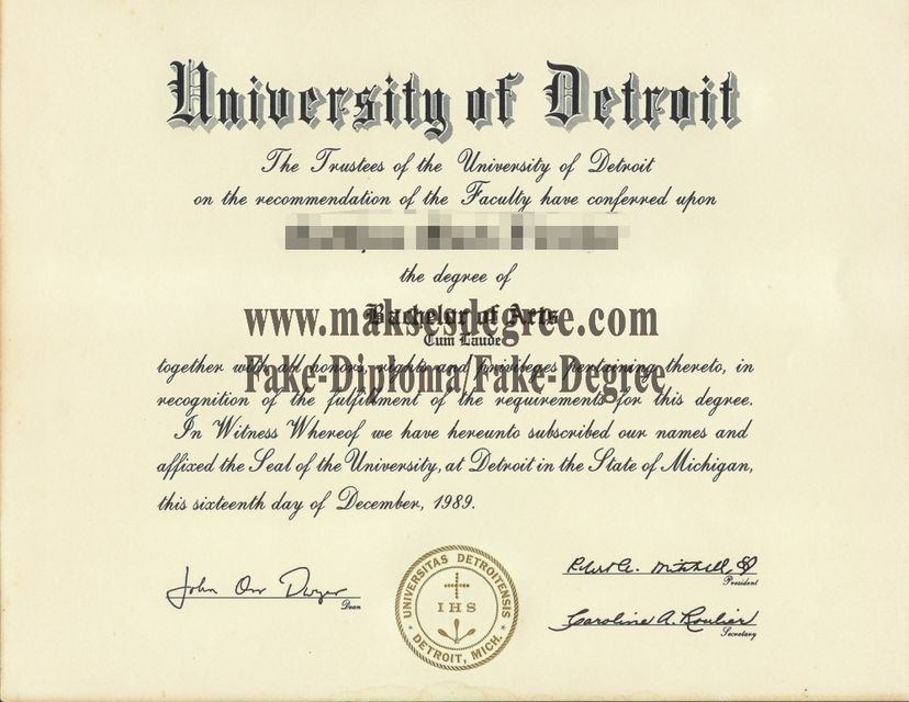 Replica University of Detroit Mercy Certificate